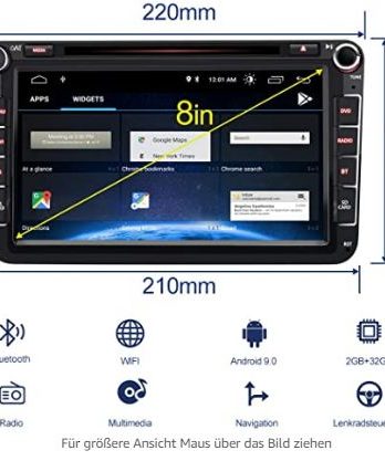 AWESAFE Android 9.0 Autoradio für VW Skoda Seat, 2 DIN 8 Zoll Touchscreen DAB+ unterstützung WLAN DVD USB RDS Bluetooth MirrorLink